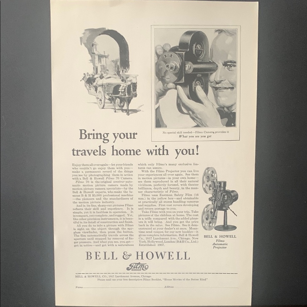 Vintage 1928 Bell & Howell Bring Your Travels Home Ad Advertisement